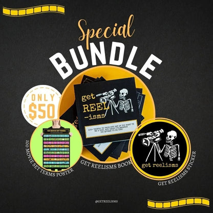 Get Reelisms Filmmaker Starter Bundle – Film Set Book, 100 Terms Poster & Sticker | Gift for Film Students - Get Reelisms